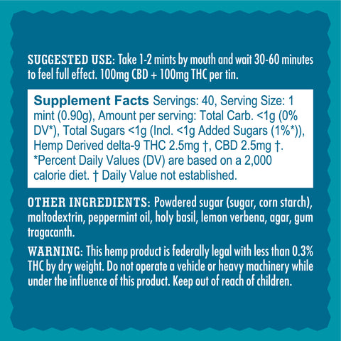 Supplement fact panel for Mr. Moxey's Balance 1:1 THC and CBD cannabis mints