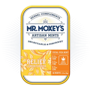 Relief Lemon Ginger Mints in yellow tin with 1:1:1 THC, CBD & CBG