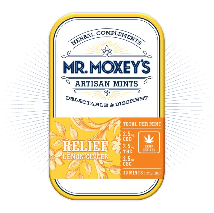 Relief Lemon Ginger Mints in yellow tin with 1:1:1 THC, CBD & CBG